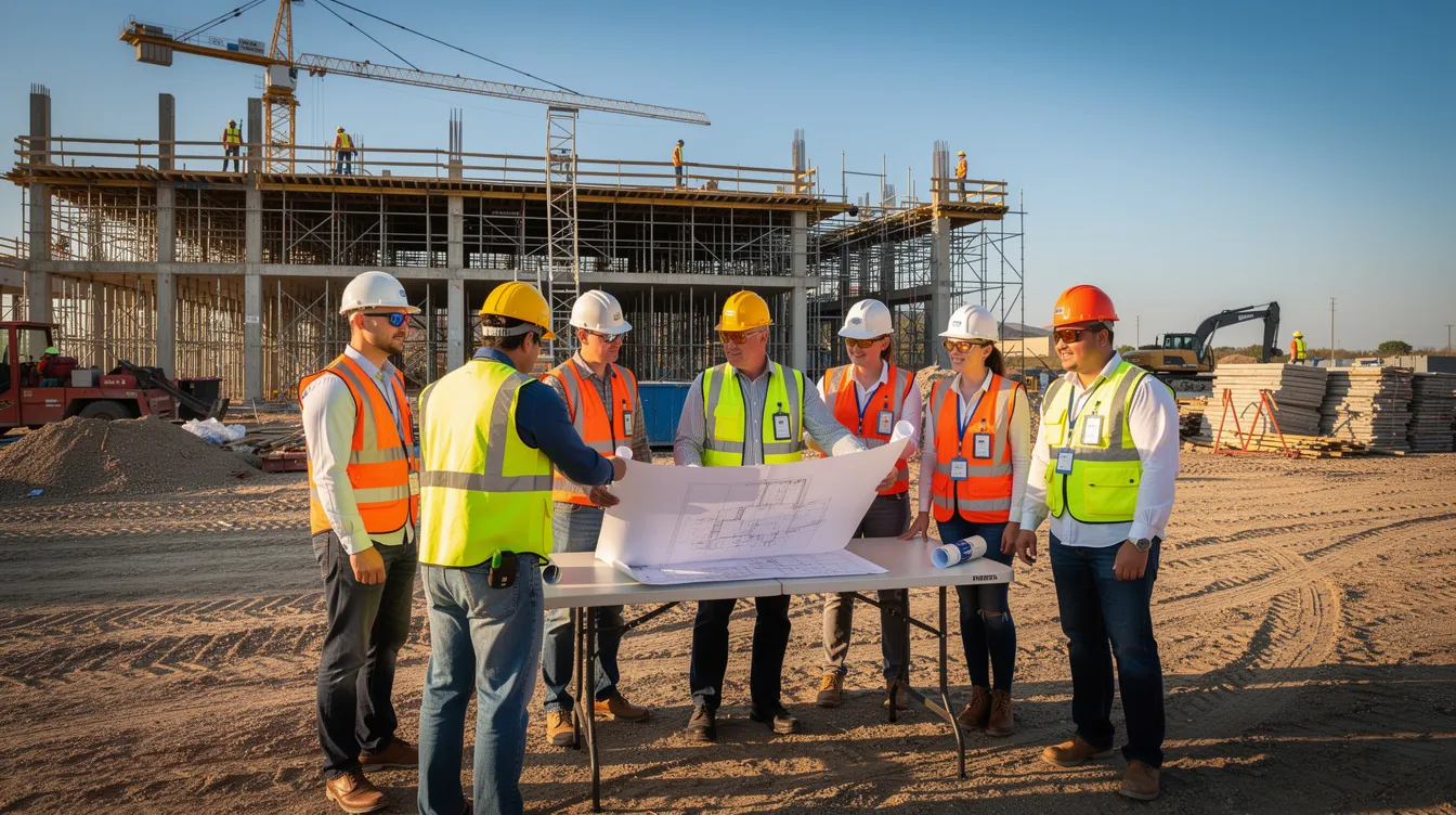 A group of construction professionals, including project managers and general contractors, gather at an active construction site, wearing hard hats and safety vests, to discuss plans and strategies for successful project management. This meeting highlights the critical role of construction management in overseeing complex projects and ensuring adherence to the project's schedule and budget.