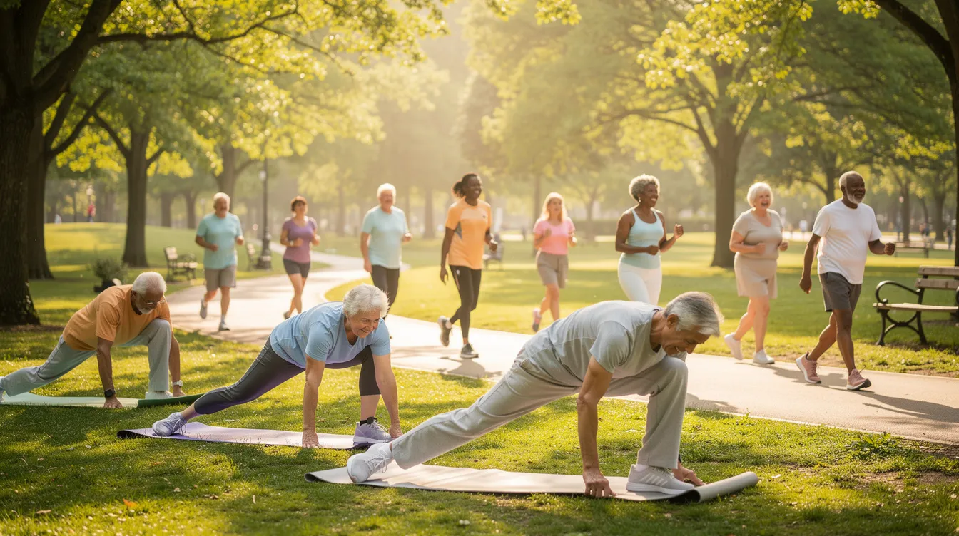 The image depicts older adults engaging in various exercises outdoors in a park, promoting healthy aging and physical activity. This vibrant scene highlights the importance of maintaining cellular health and boosting NAD levels for improved energy metabolism and overall well-being.