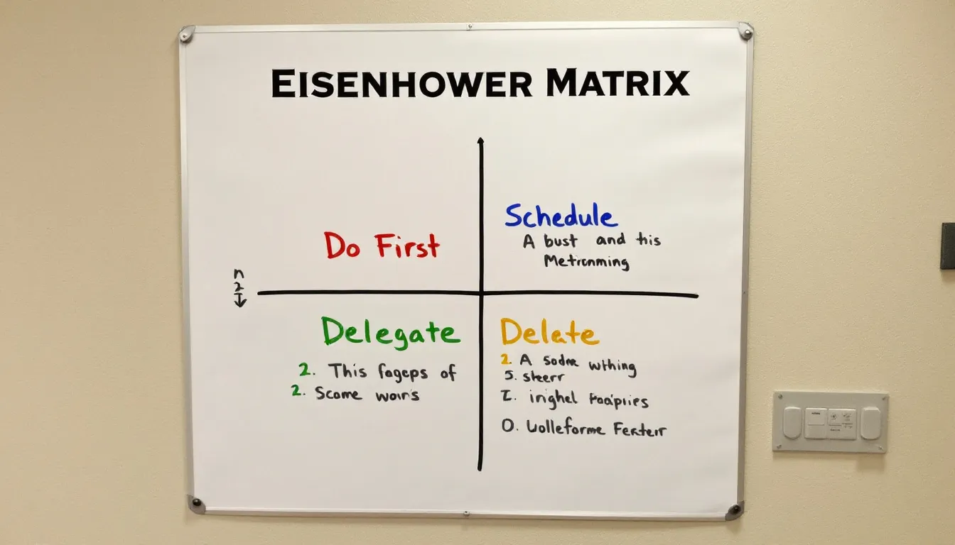 De afbeelding toont de Eisenhower Matrix, een vierkwadrantenmodel dat helpt bij het prioriteren van taken op basis van urgentie en belangrijkheid. Elk kwadrant categoriseert taken in belangrijke en urgente, belangrijke maar niet urgente, urgente maar niet belangrijke, en niet urgente en niet belangrijke taken, wat waardevolle inzichten biedt voor effectief tijdmanagement en strategische planning.