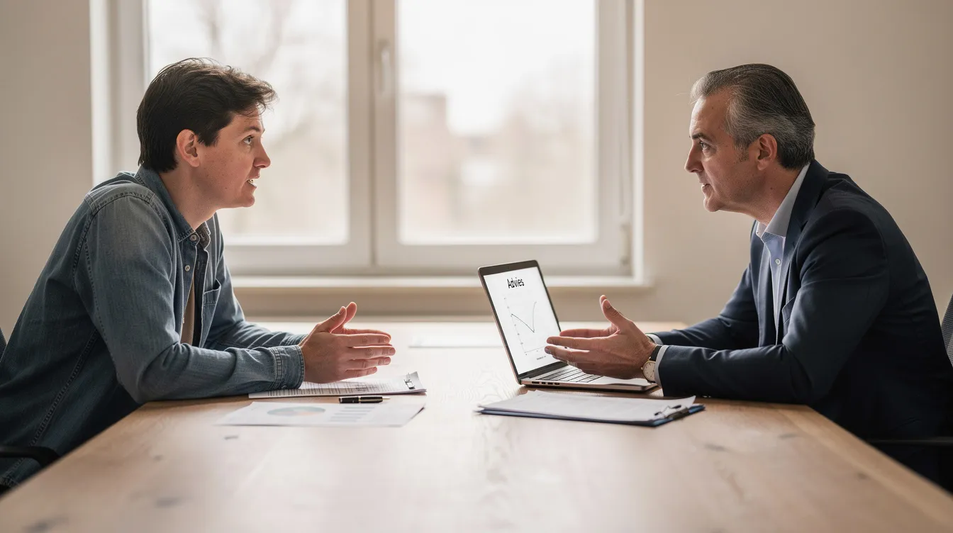 Een persoon zit aan een tafel in gesprek met een adviseur over werkhervatting en inkomensvoorzieningen voor gedeeltelijk arbeidsgeschikten. Ze bespreken onderwerpen zoals de WIA uitkering en re-integratie na langdurige ziekte.