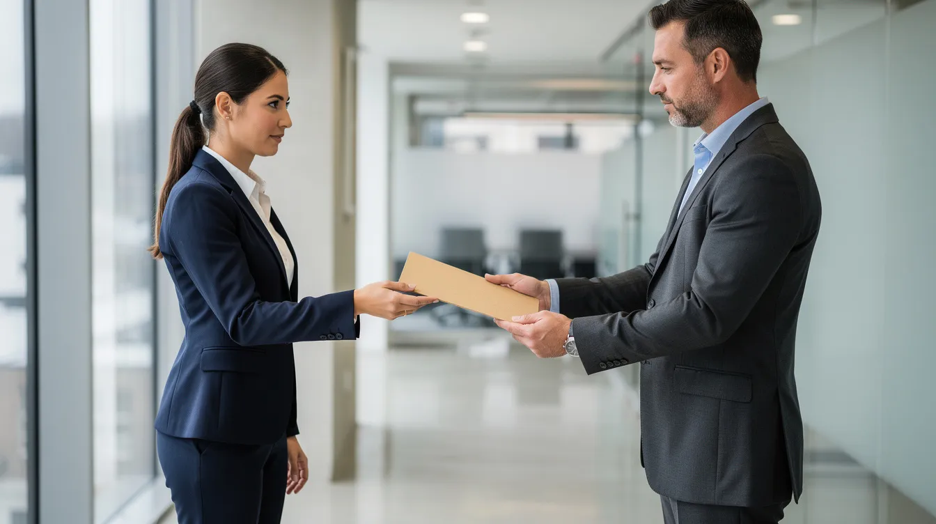 6b767ca3 b52a 4833 9fd3 b853a3a71de6 In an office corridor, two professionals are engaged in a business exchange, handing over a folder that likely contains important documents related to financial assistance, such as business plans or eligibility criteria for mudra loans. This interaction signifies collaboration in the context of supporting micro enterprises and enhancing cash flow through various funding options.
