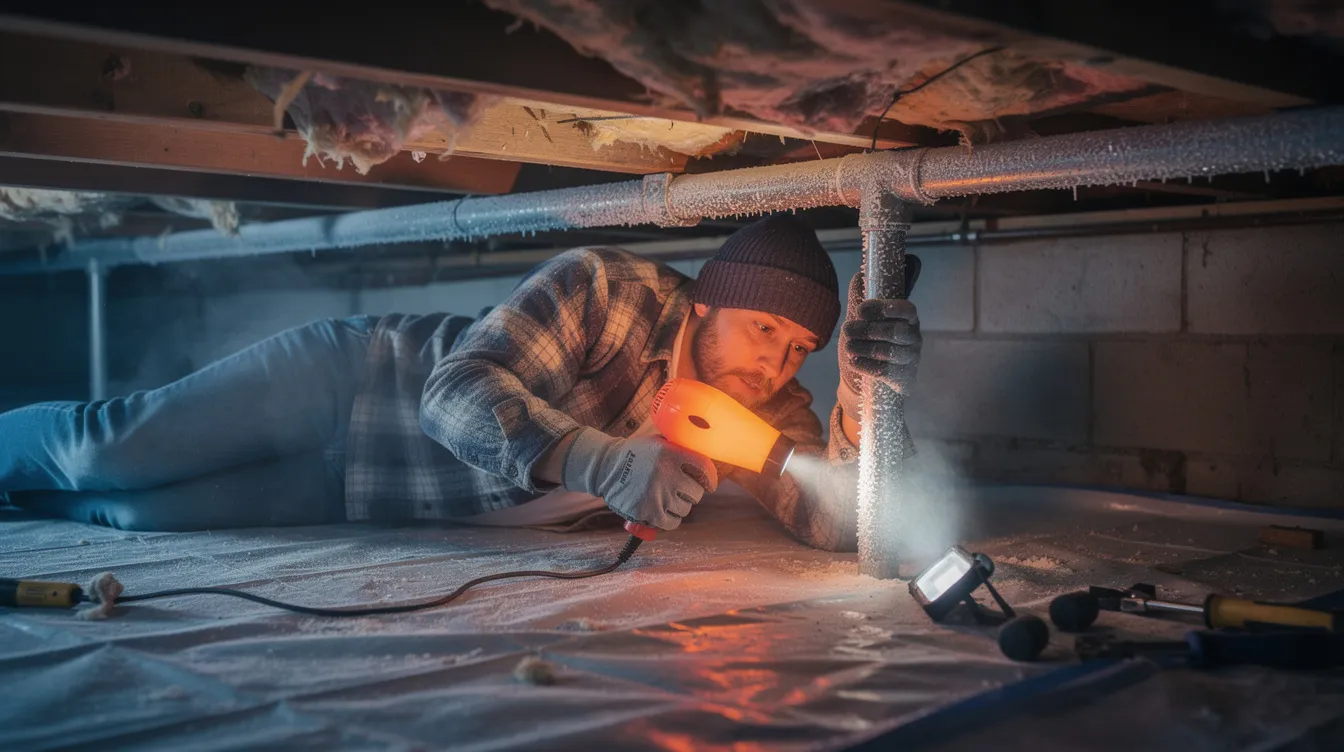 A person is using a hair dryer to gently thaw a frozen copper pipe in a dimly lit crawlspace under a house, addressing a plumbing emergency to prevent further damage from a potential burst pipe. The scene highlights the urgent need for pipe repair in freezing temperatures, showcasing a practical approach to fix a burst pipe before it leads to water damage.