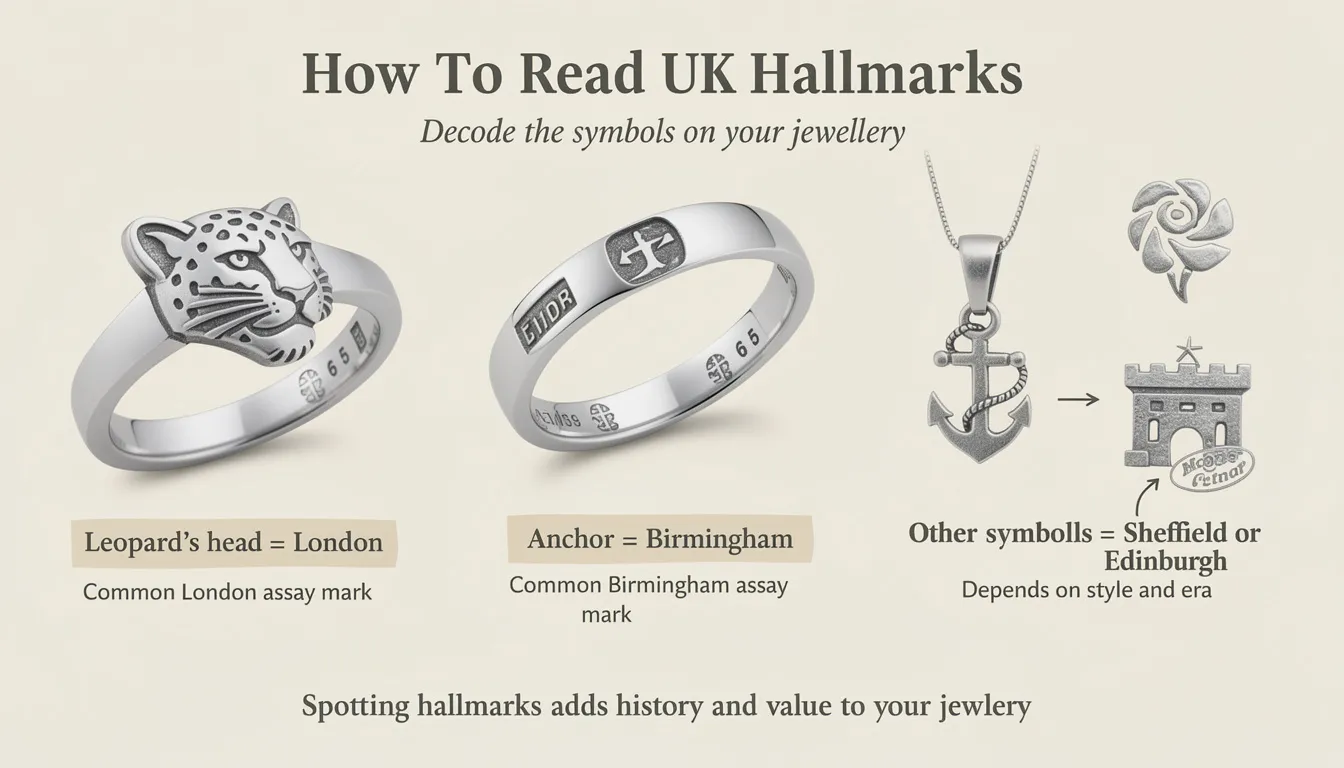 The image illustrates various UK hallmarks found on silver jewellery, featuring symbols like the Leopard's head and the Anchor, which indicate the origins of the pieces, such as London and Birmingham. Understanding these marks adds historical significance to your collection of sterling silver items.
