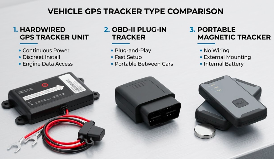 Hardwired, OBD-II plug-in, and portable GPS trackers used in delivery vehicles