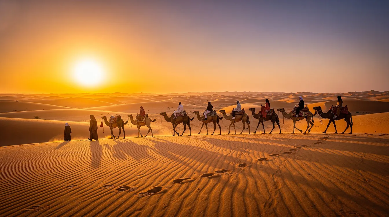 A camel caravan gracefully moves across the golden dunes of the Sahara Desert at sunset, casting long shadows in the warm light. This serene scene captures the essence of exploring Morocco's desert regions, where the pleasant weather and mild temperatures make it an ideal time to visit.