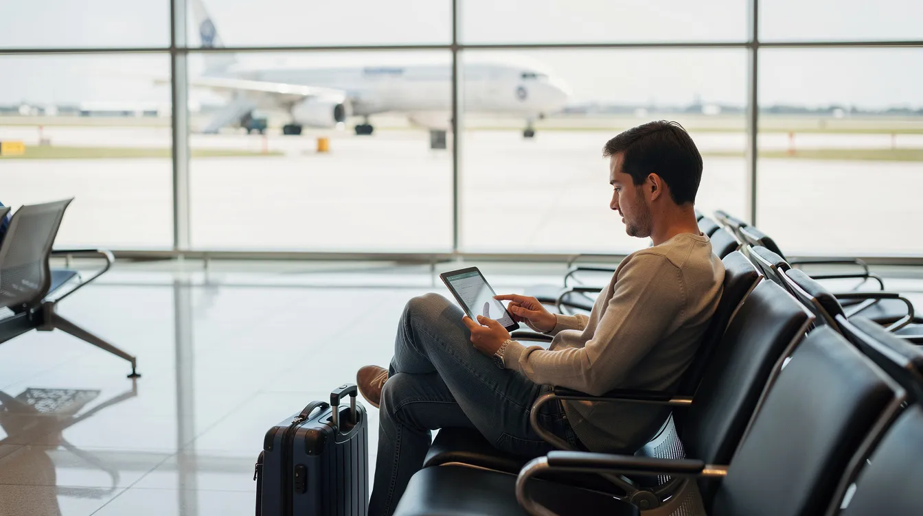 A person is sitting in an airport terminal, using a tablet device to engage in a study session for their FAA knowledge exams, likely reviewing test questions and answers from a powerful software program designed for private pilot prepware. The environment is bustling with travelers, while the individual focuses on their practice tests, aiming to gain the confidence needed for their upcoming official test.