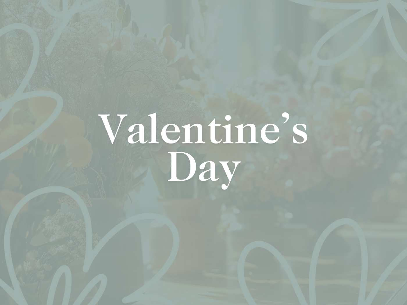 Valentine's Day themed graphic with soft focus floral background and elegant white text overlay, ideal for celebrating love and romance. Fabulous Flowers and Gifts. Delivered with Heart.