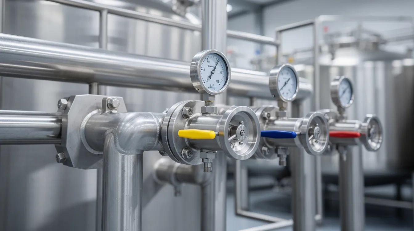A close-up view of industrial stainless steel dairy processing equipment, featuring valves and gauges, is displayed in a manufacturing facility. This equipment is essential in the milk powder production process, highlighting the intricate workings of a dairy processing plant dedicated to producing high nutritional value dairy products.