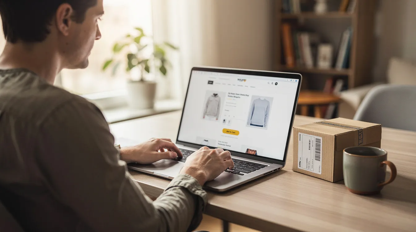 The image shows a person sitting at a desk, focused on their laptop computer, with a small package beside them, indicating an online shopping experience. This scene reflects the growing trend of purchasing hemp-derived products, such as delta 8 THC, which may have varying legal statuses under Indiana law compared to federal law.