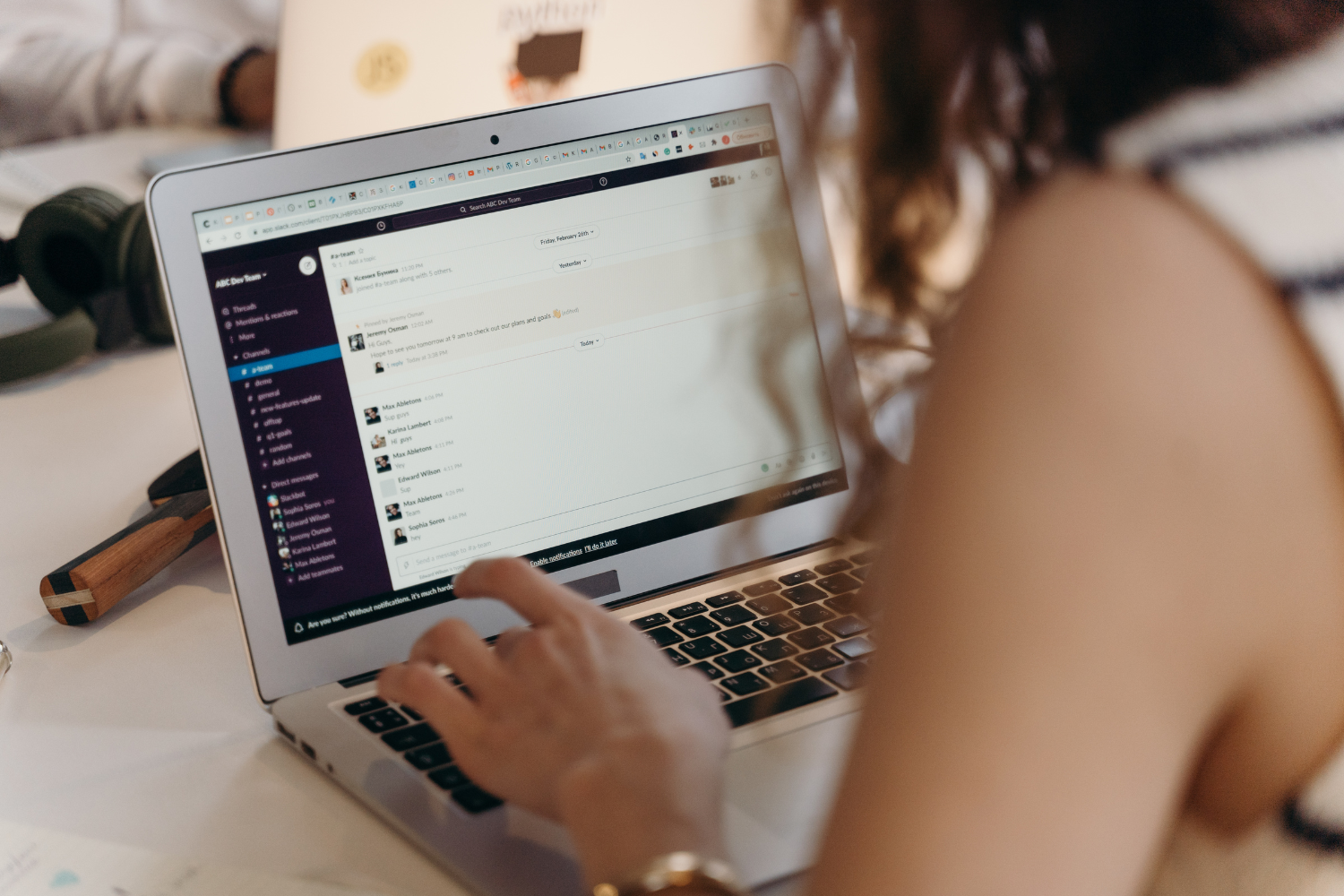 Remote worker chatting on communication tool.