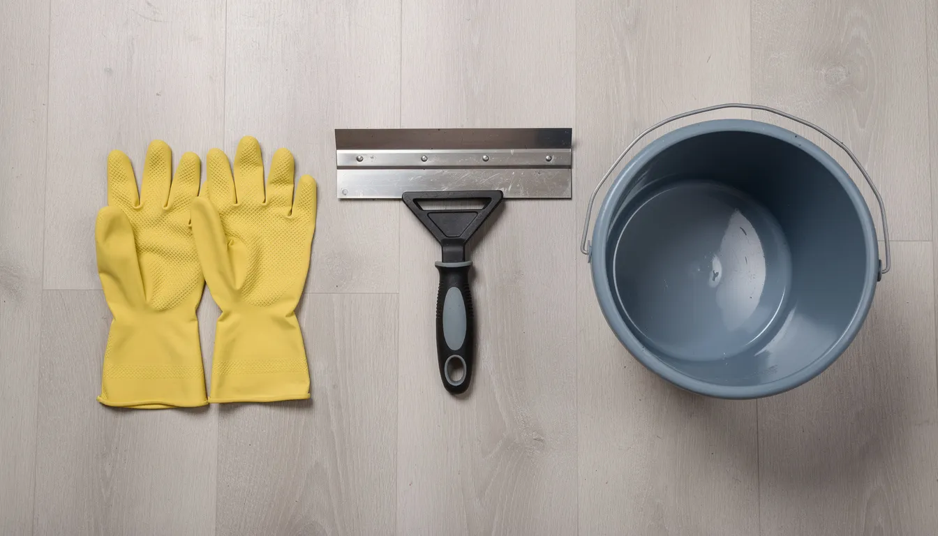 Billedet viser et værktøjssæt til tapetfjernelse arrangeret på gulvet, herunder en bred spartel, handsker og en spand. Dette udstyr er ideelt til at fjerne gammelt tapet og forberede væggene til malerarbejde.