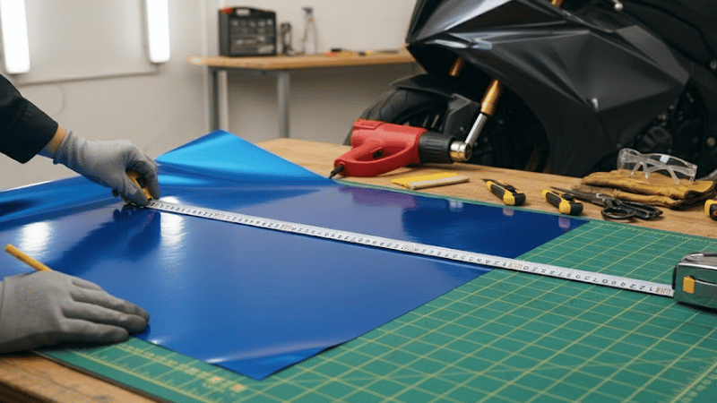 A man is measuring the vinyl.