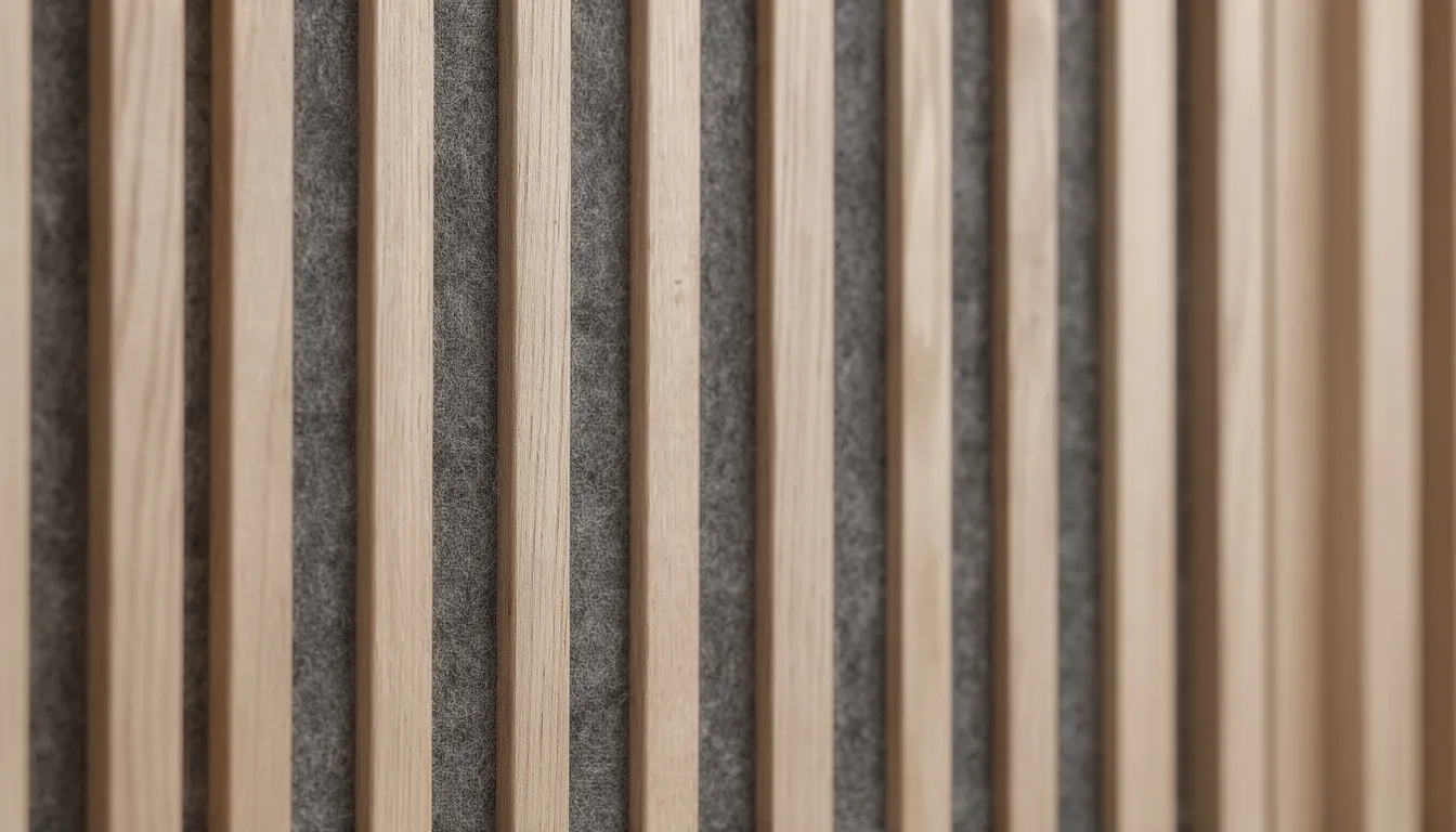 Close-up van akoestische houten lattenpanelen met een viltachtergrond, die een gezellige sfeer creëren in een kinderkamer. De panelen zijn duurzaam en bieden extra bescherming, terwijl ze tegelijkertijd een speelse en warme uitstraling geven aan de ruimte.