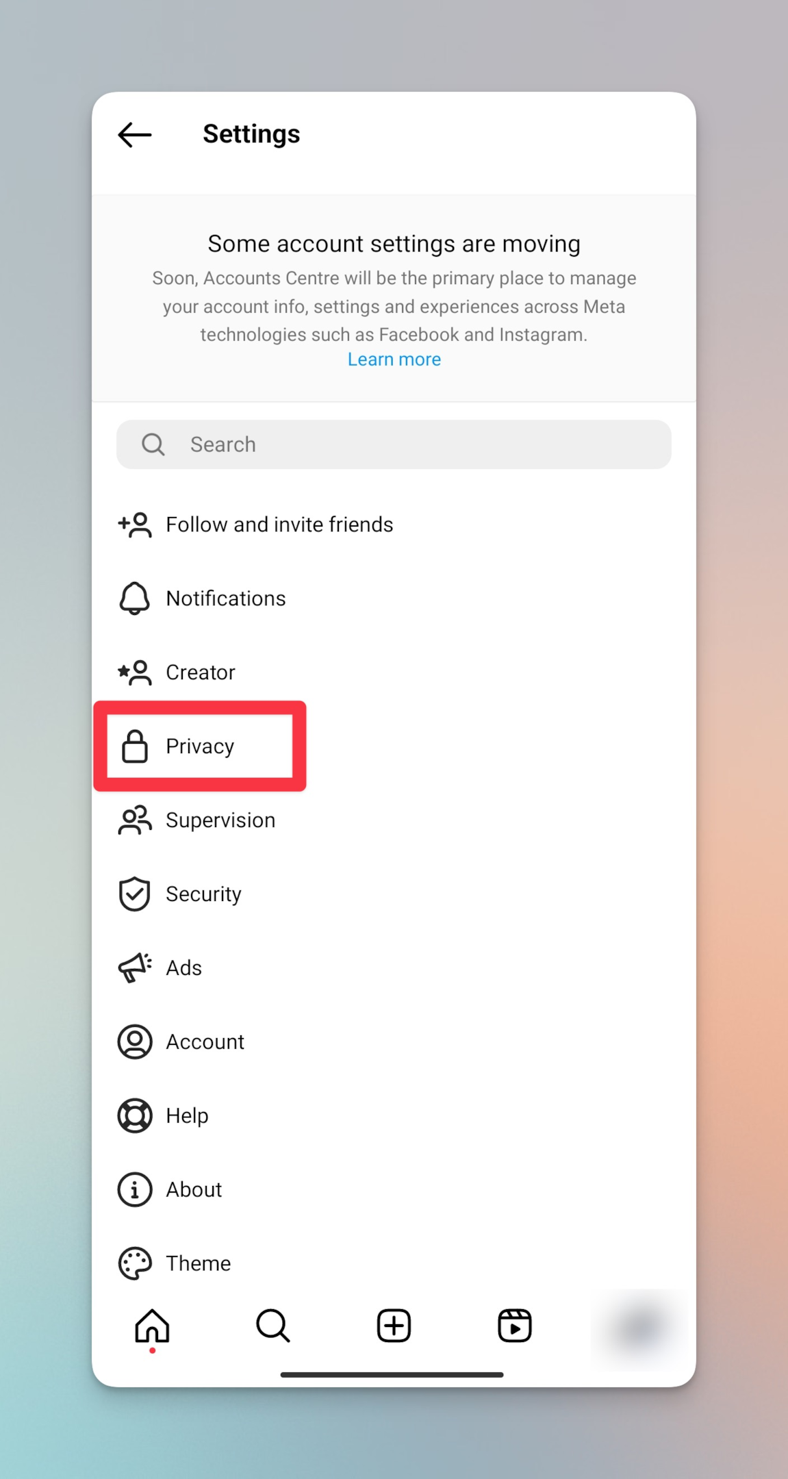 Remote.tools is highlighting Privacy option under Instagram settings to hide the activity status