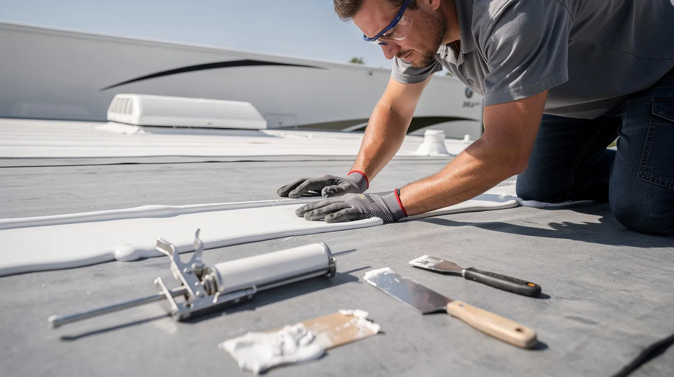 A technician is closely inspecting the rubber roof of a large RV, surrounded by various tools and sealant, highlighting the importance of routine maintenance and professional service in mobile RV repair. The scene emphasizes the expertise of certified technicians dedicated to ensuring the longevity and protection of your travel trailer.