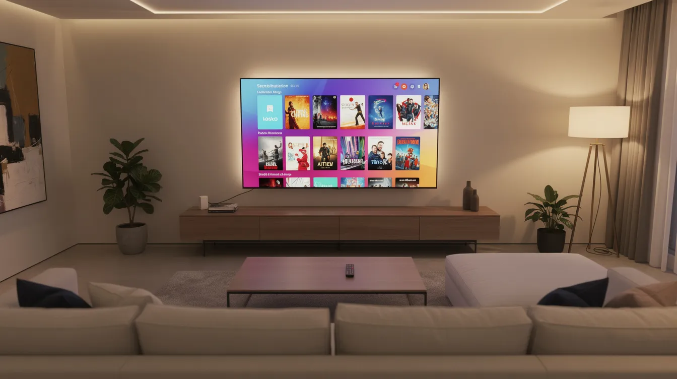 A modern living room features a large flat-screen smart TV showcasing a vibrant streaming interface, while a remote control rests on a coffee table under soft ambient lighting. This setup highlights the convenience of IPTV services, offering access to a wide range of live TV channels and on-demand content.