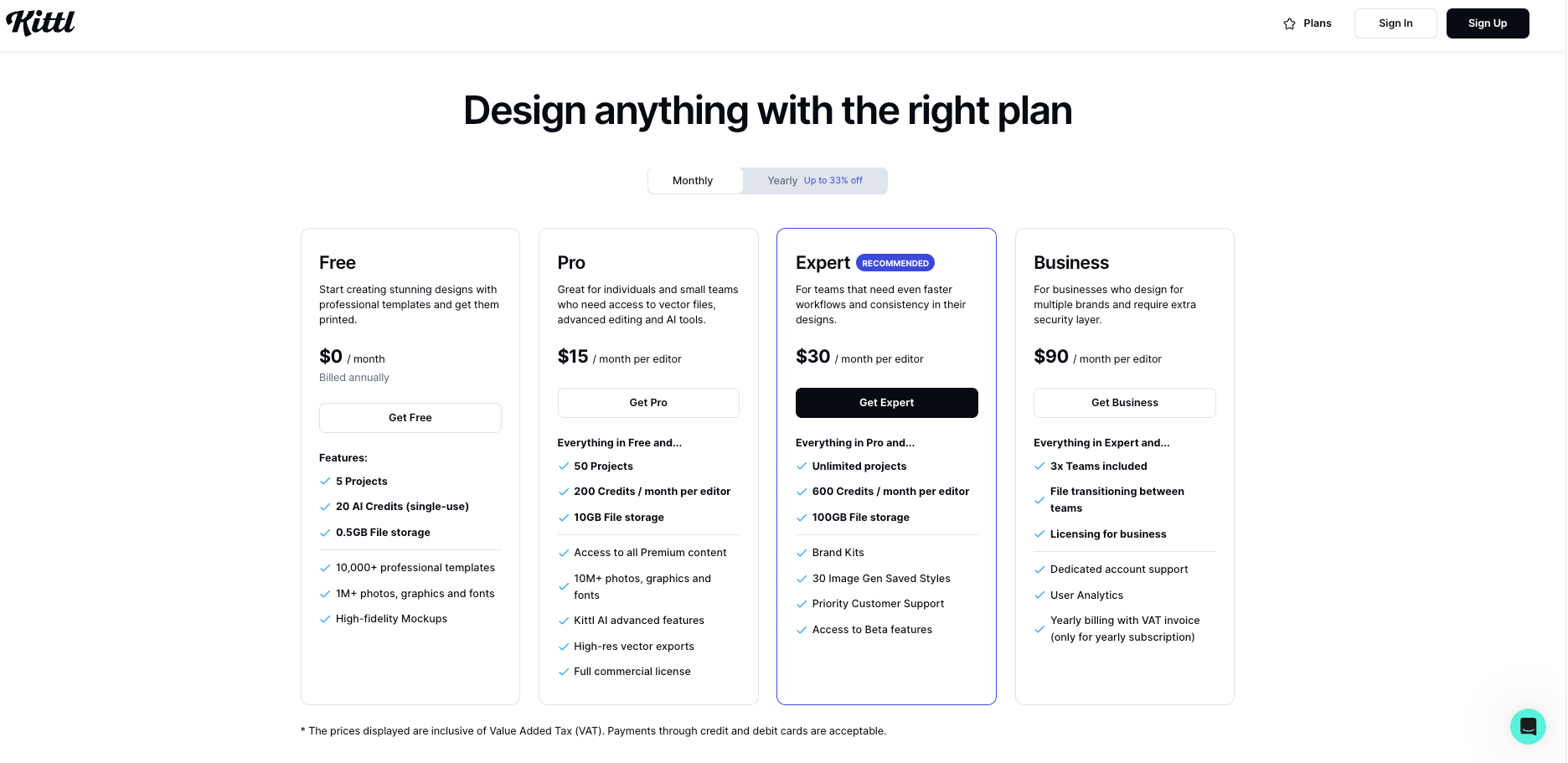 Kittl pricing plans showing Free, Pro ($15), Expert ($30), and Business ($90) tiers with differences in AI credits, storage, and collaboration tools.