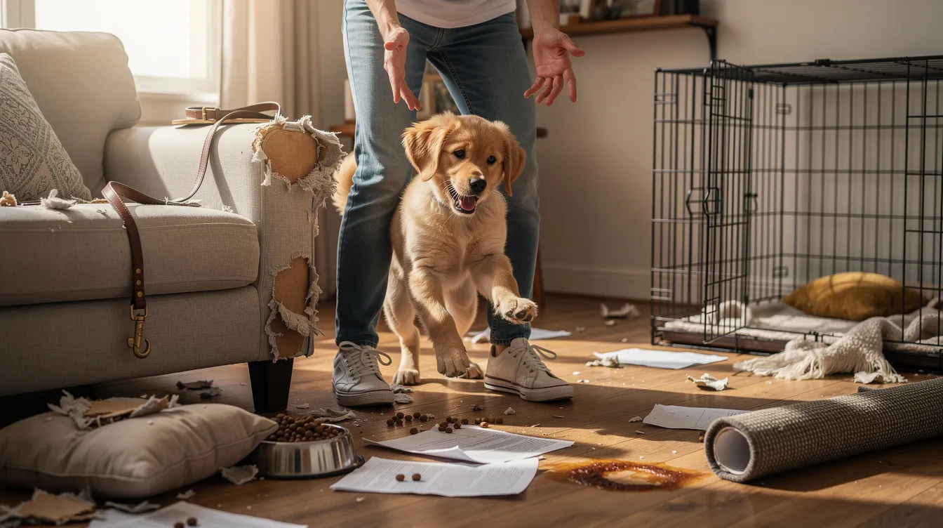 The image depicts a puppy in a training session with its owner, showcasing a moment of interaction where the owner is giving a high-value treat to encourage good behavior. The setting emphasizes common dog training mistakes, illustrating the importance of proper techniques to prevent unwanted behavior in a new puppy's life.