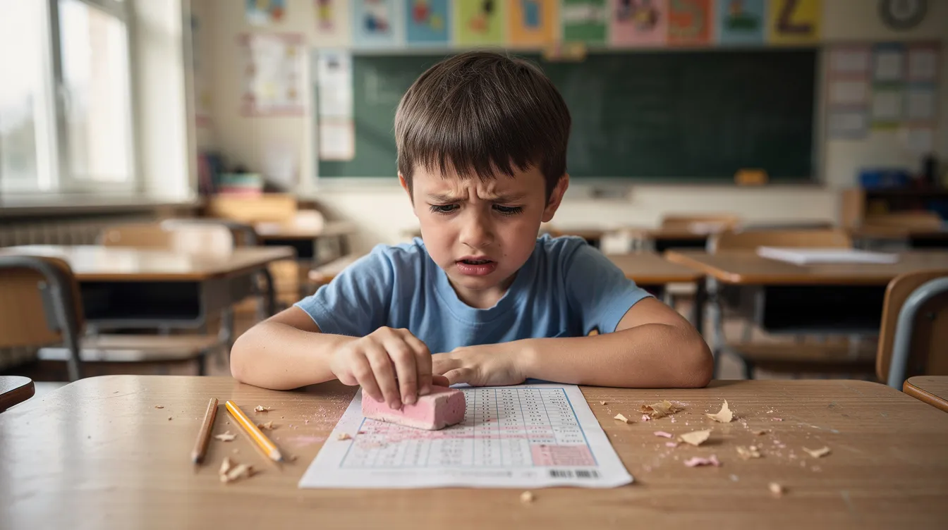 A primary school student sits alone at a desk, erasing answers on a test paper with a worried expression. This image reflects the stress and concentration challenges that can affect academic performance, particularly for students who may struggle with attention and cognitive activities.