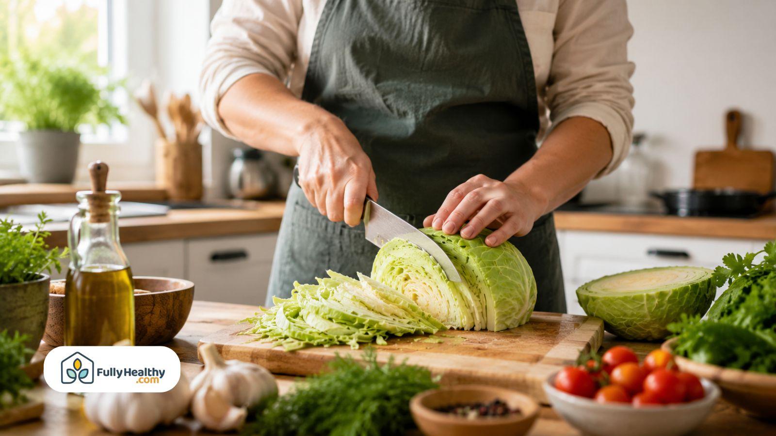 Person slicing fresh green cabbage with olive oil and vegetables in kitchen
