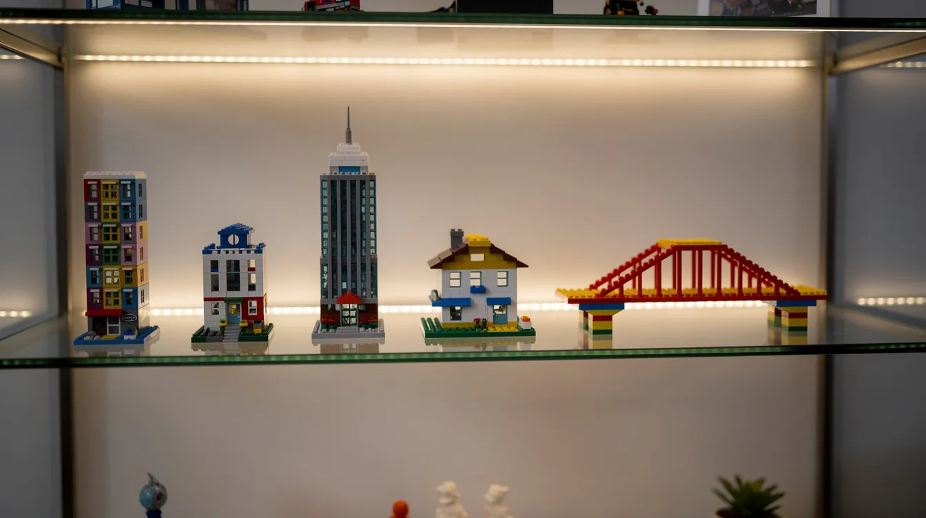 A tidy glass display shelf showcases a collection of small, detailed building-block models, illuminated by soft LED light, highlighting their intricate designs. This fun assortment features various characters and kits from different series, perfect for fans of all ages and levels of building experience.