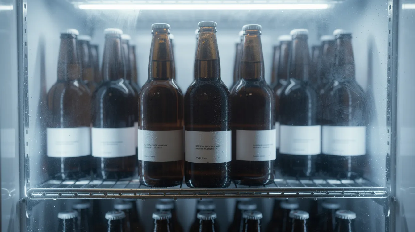 The image features dark amber glass bottles, likely containing virgin olive oil, stored in a refrigerated environment to maintain quality. This setting suggests a focus on health benefits, potentially related to aging research and the protective effects of olive oil on lifespan and health span.