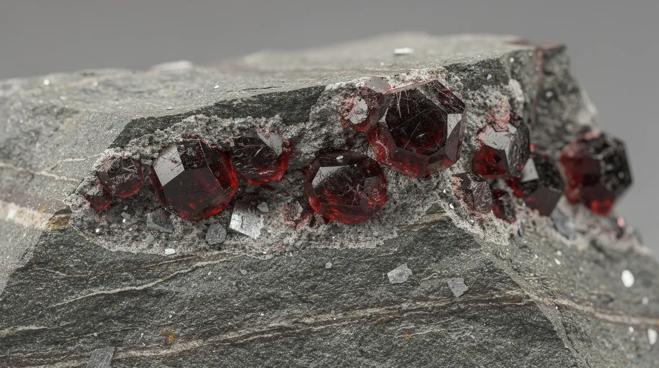 The image features raw garnet crystals, showcasing a variety of colors including deep red and bright green, embedded within a grey metamorphic rock matrix. These natural garnets display their characteristic crystal structure, highlighting their gem quality potential as they emerge from the surrounding minerals.