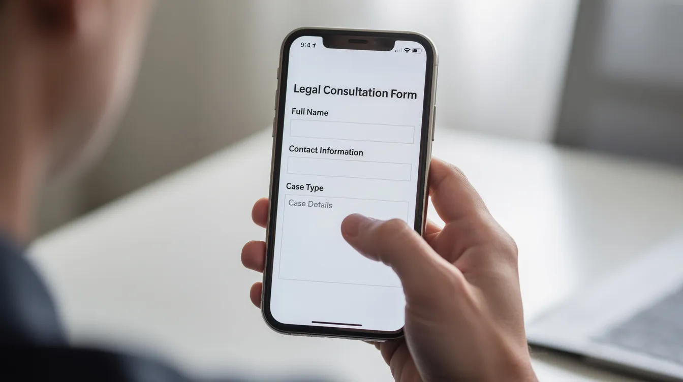 The image shows a person holding a smartphone, intently scrolling through a legal consultation form, which may be related to mass tort claims or potential mass tort clients. This visual emphasizes the importance of digital marketing strategies in the legal field, particularly for law firms seeking to generate mass tort leads.