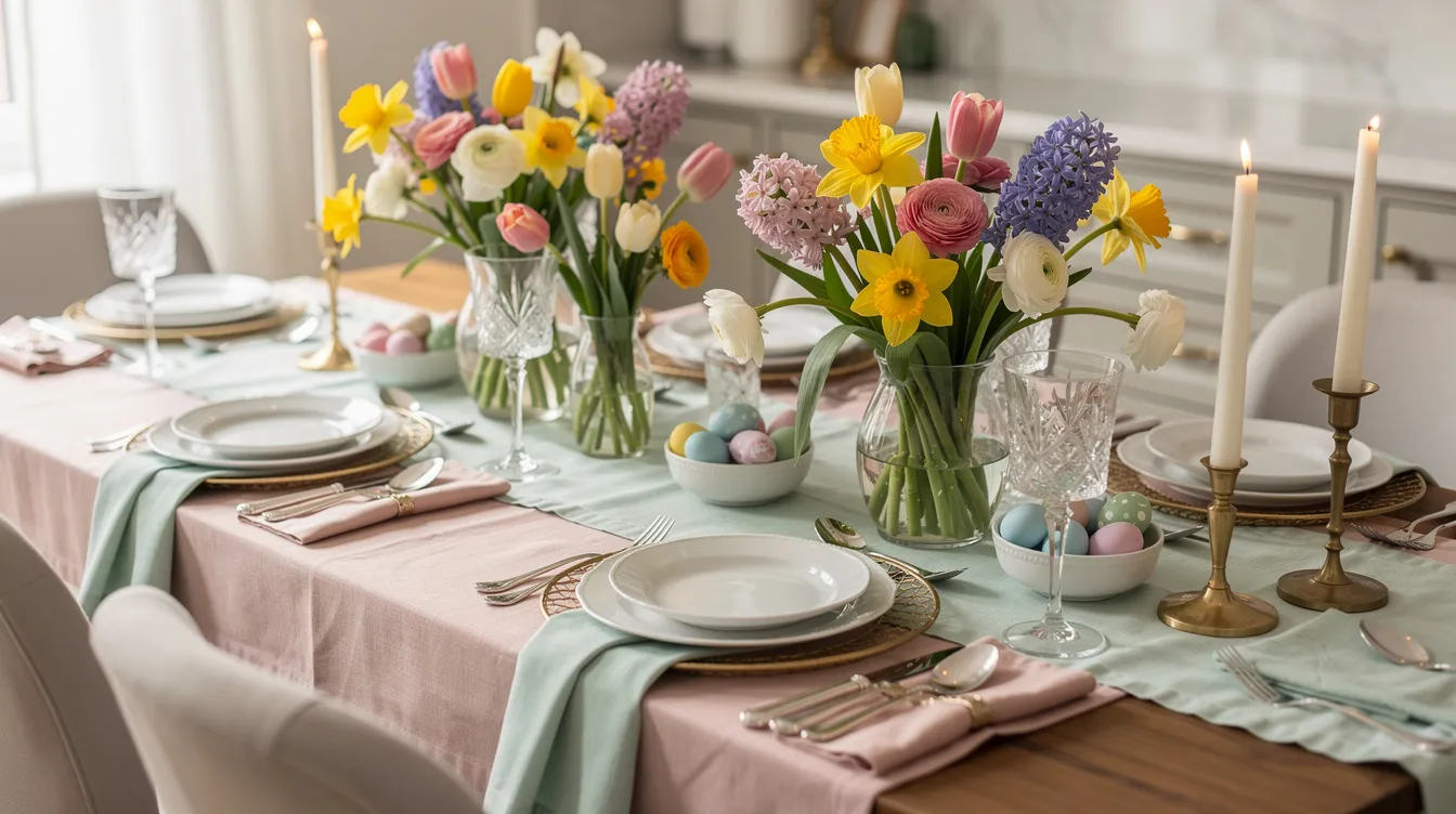 A beautifully arranged Easter dinner table features vibrant spring flowers, soft pastel linens, and elegant place settings, creating a festive atmosphere for a holiday dinner. The table is adorned with delicious dishes like lamb chops, roast chicken, and deviled eggs, perfect for an Easter menu that the whole family will enjoy.