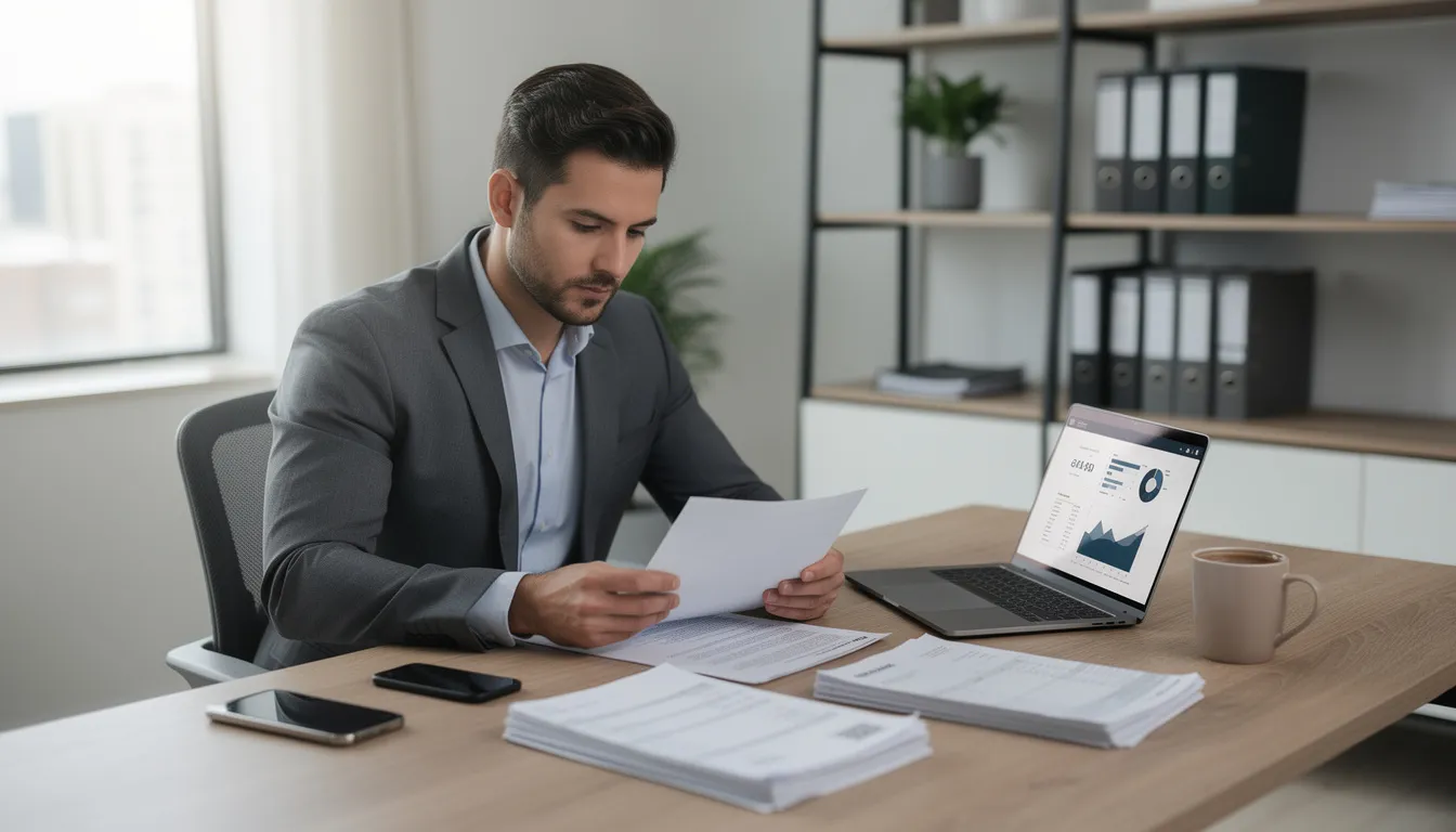 A business owner is seated at a desk, meticulously reviewing paperwork related to transactions and payments. The setting reflects a focus on managing business operations, emphasizing the importance of technology and solutions for small businesses in the world of commerce.