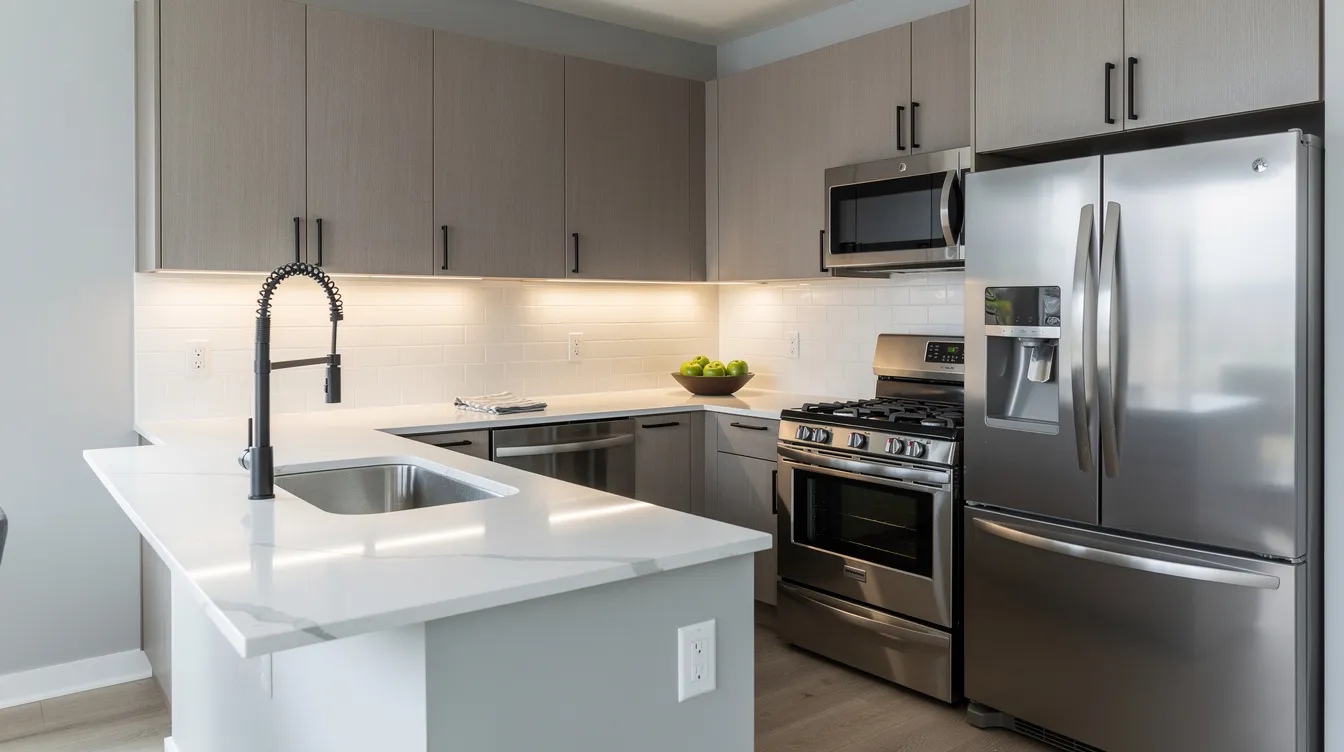 The image showcases a modern kitchen in a rental unit, featuring sleek new appliances and stylish fixtures that enhance the space's appeal for potential renters. This upgrade not only improves the aesthetic but can also provide tax benefits through accelerated depreciation for rental property owners.