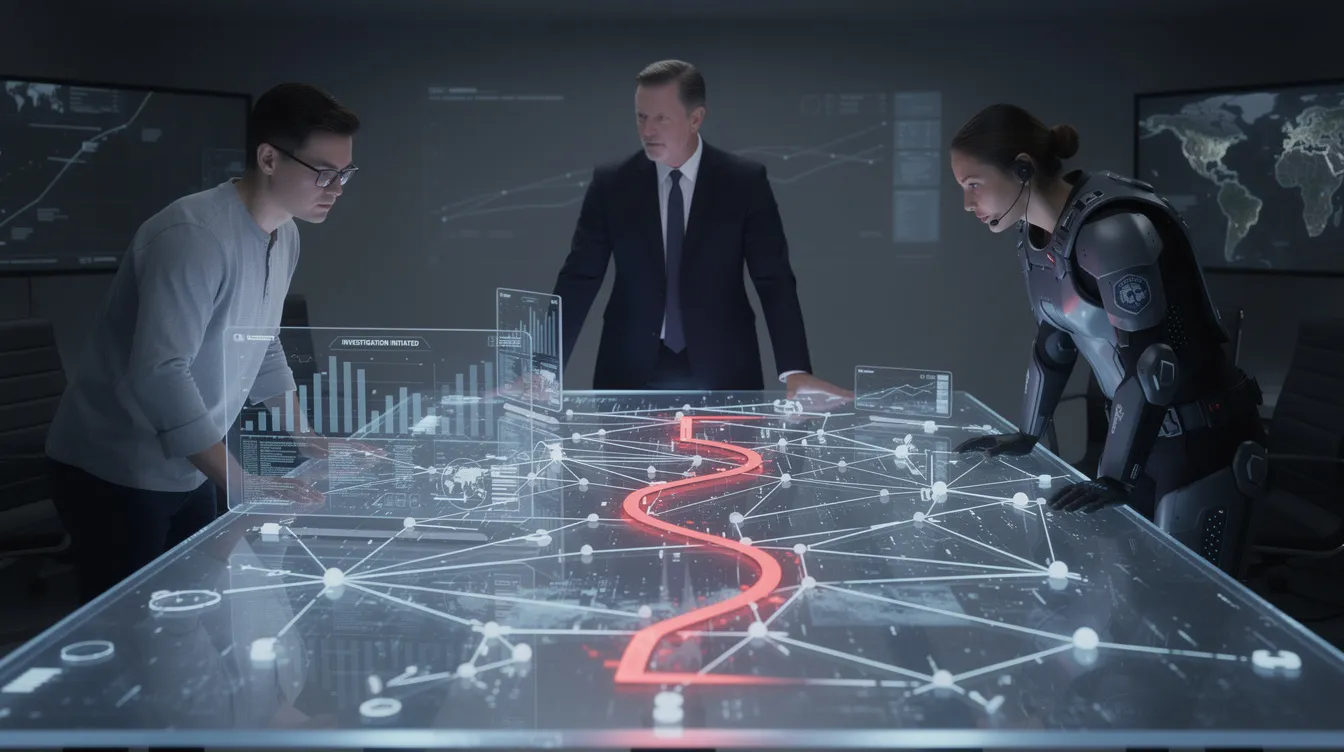 In a dimly lit war room, three professionals—a data analyst, legal counsel in a formal suit, and a security expert—gather around a large holographic table displaying complex network nodes. The highlighted red path labeled 'INVESTIGATION INITIATED' suggests a serious data breach incident, emphasizing the importance of data security and the potential risks to sensitive information and personally identifiable information.
