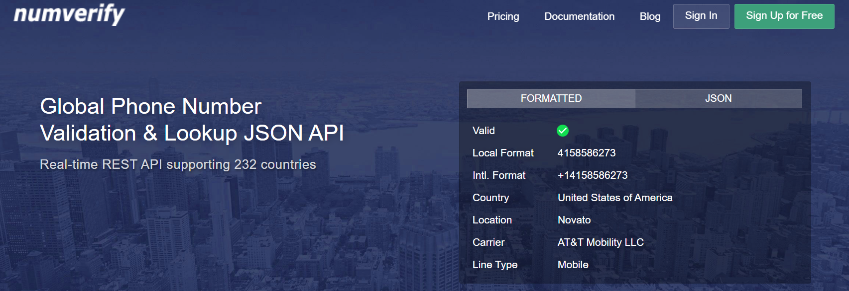 home page of the numverify global phone number validation api