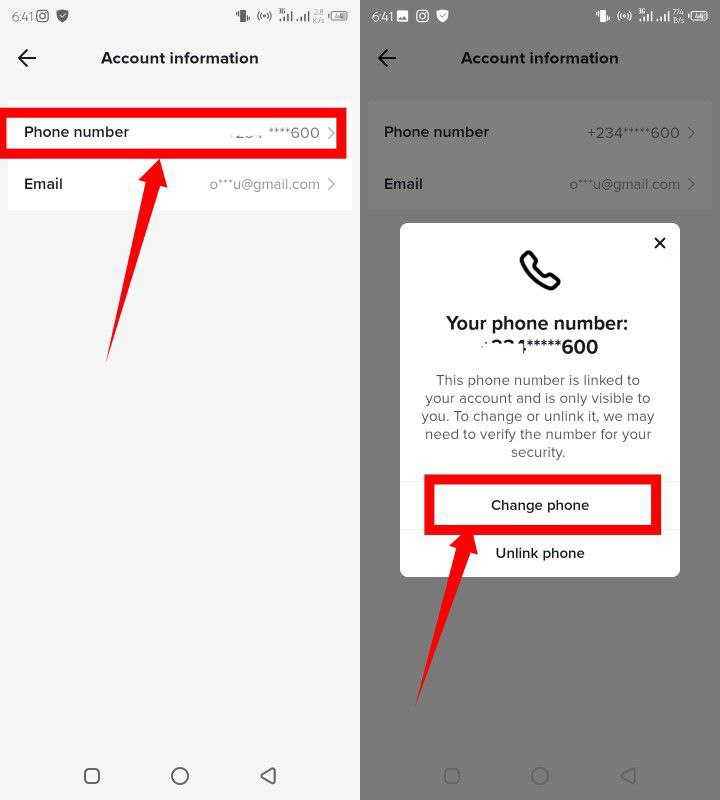 Screenshot showing how to change phone number