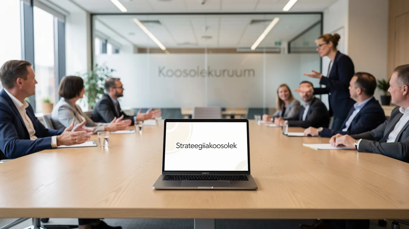 Koosolekuruum sülearvuti ja dokumentidega ettevõtte dividendiotsuse vormistamiseks.