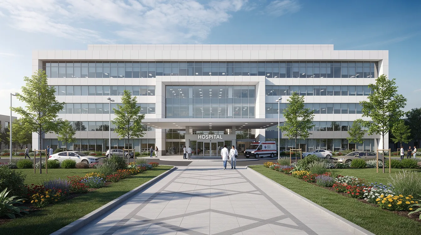 The image depicts a modern hospital building with sleek glass facades and a beautifully landscaped entrance, showcasing a contemporary design that emphasizes accessibility and care. This facility likely serves as a vital healthcare resource for both local residents and foreign nationals seeking medical treatment in Ireland.