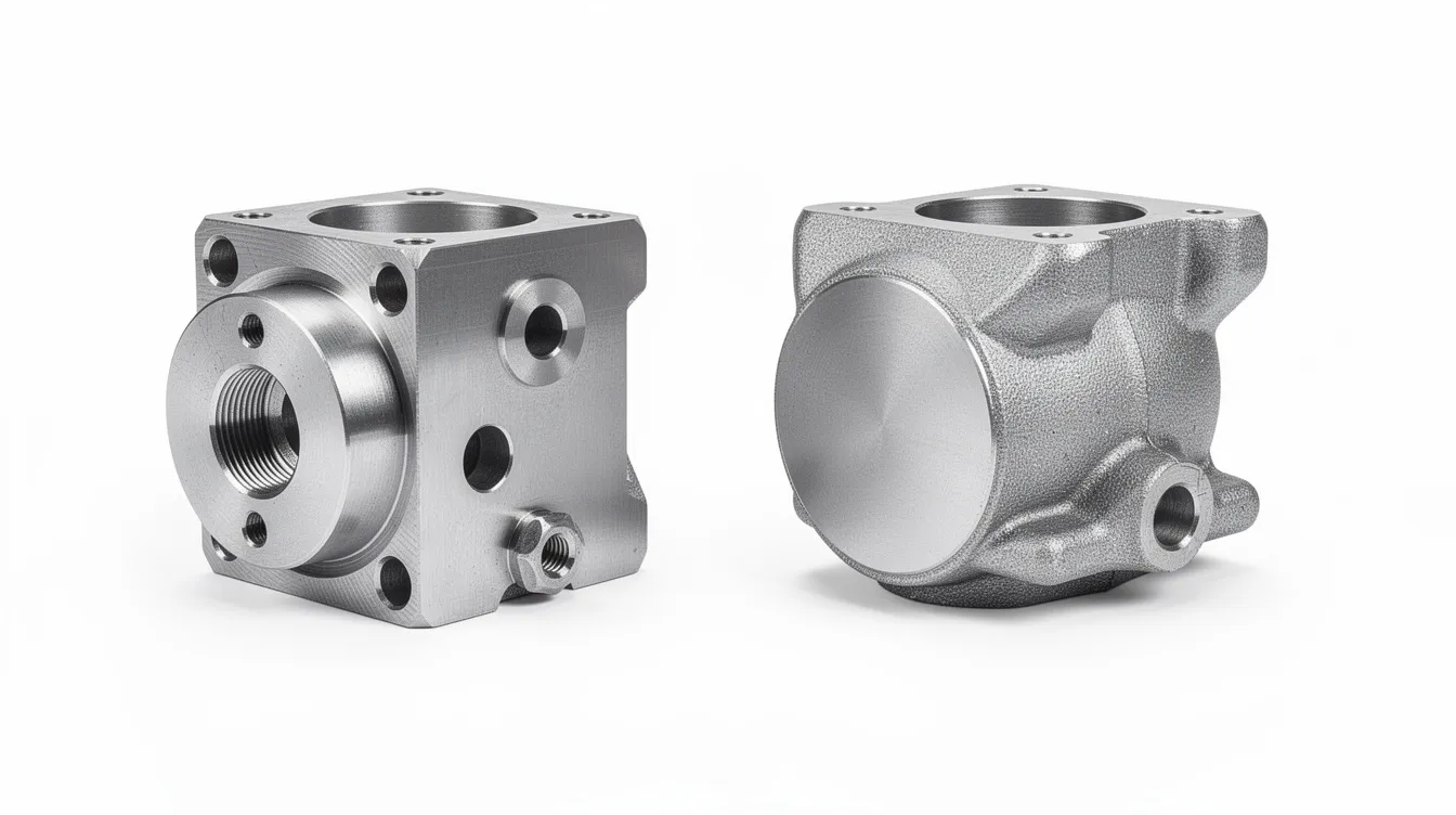 The image features two metal parts placed side by side on a white background; one part showcases smooth surfaces achieved through CNC machining, while the other displays an as-cast texture with machined mounting pads, illustrating the differences between CNC machining and die casting in manufacturing processes.