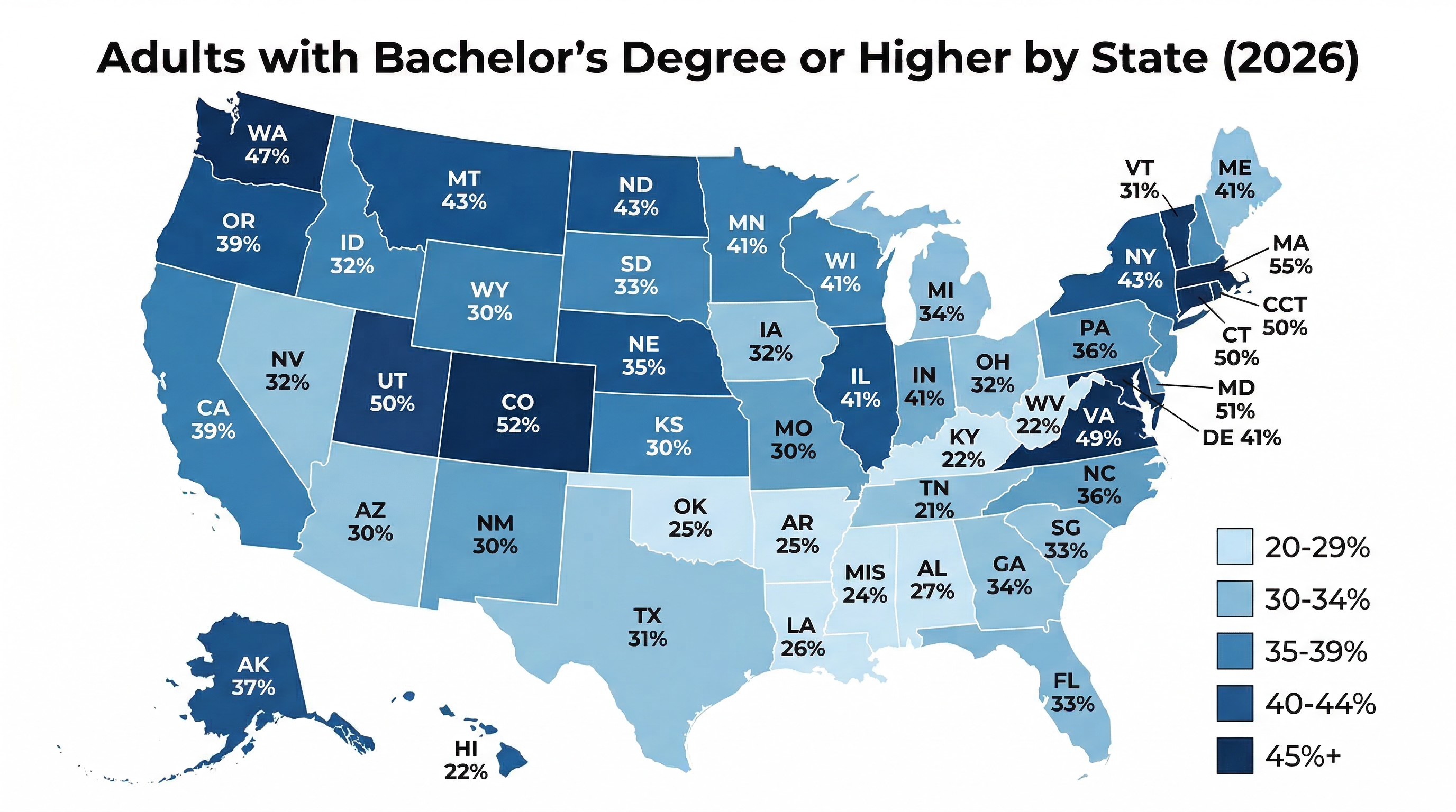 U.S. map highlighting percentage of adults with bachelor's degree or higher by state in 2026