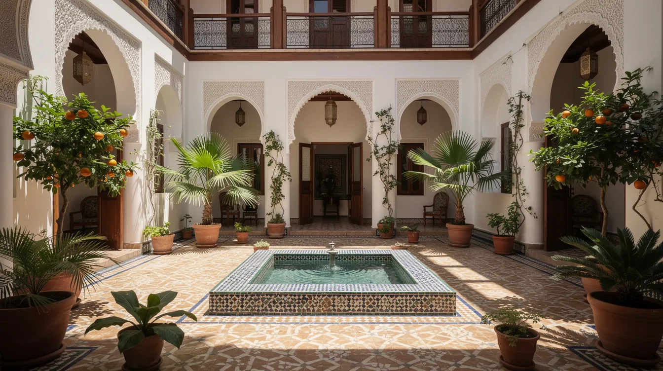 The image depicts a serene traditional Moroccan riad courtyard featuring a beautifully tiled fountain surrounded by lush potted plants and elegant arched doorways, creating a tranquil atmosphere perfect for travelers exploring Morocco's rich culture. This setting is ideal for an amazing trip, whether on a private tour or as part of a group journey through the imperial cities.