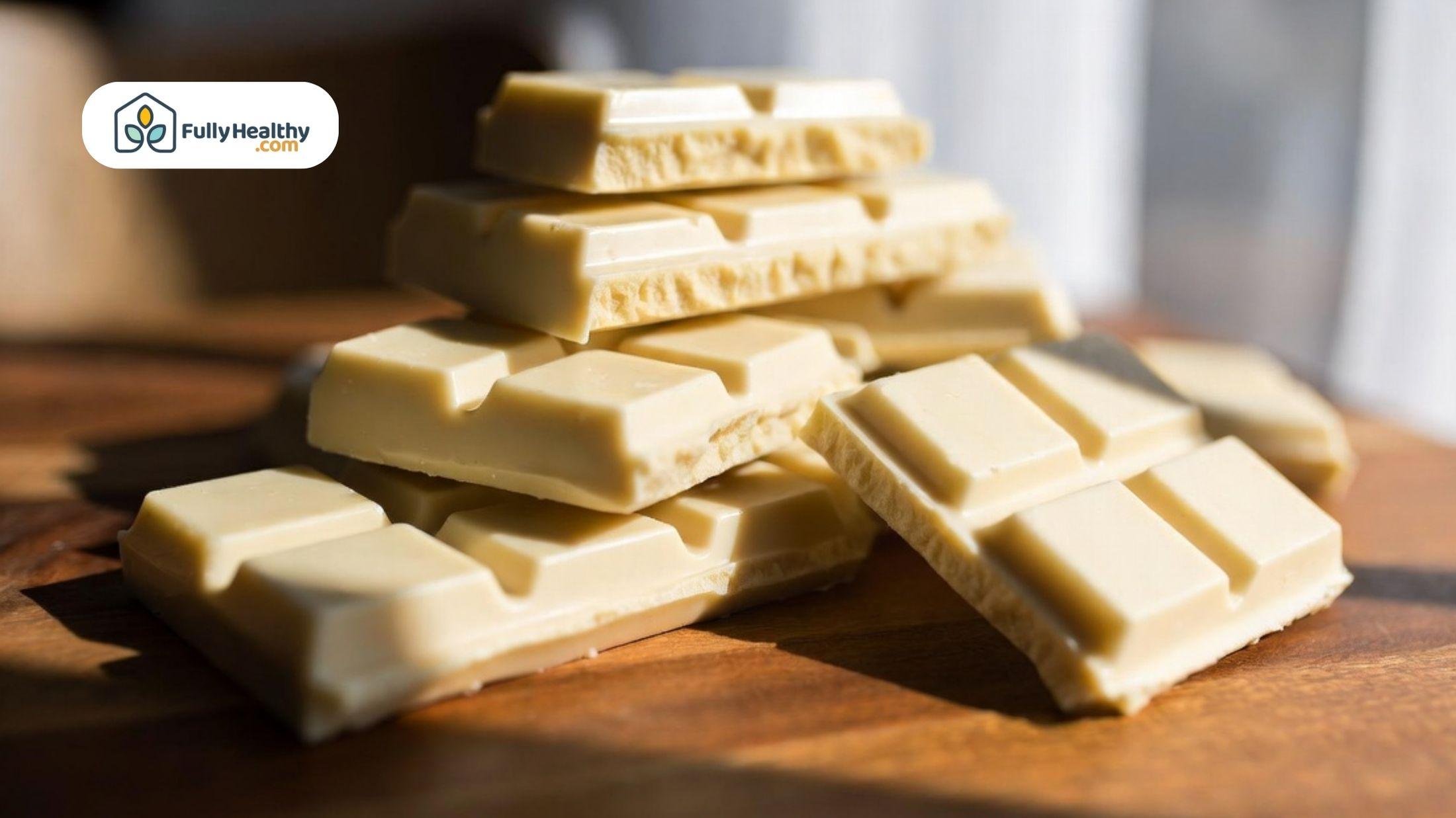 Stacked white chocolate bars showing creamy texture and smooth off white color.