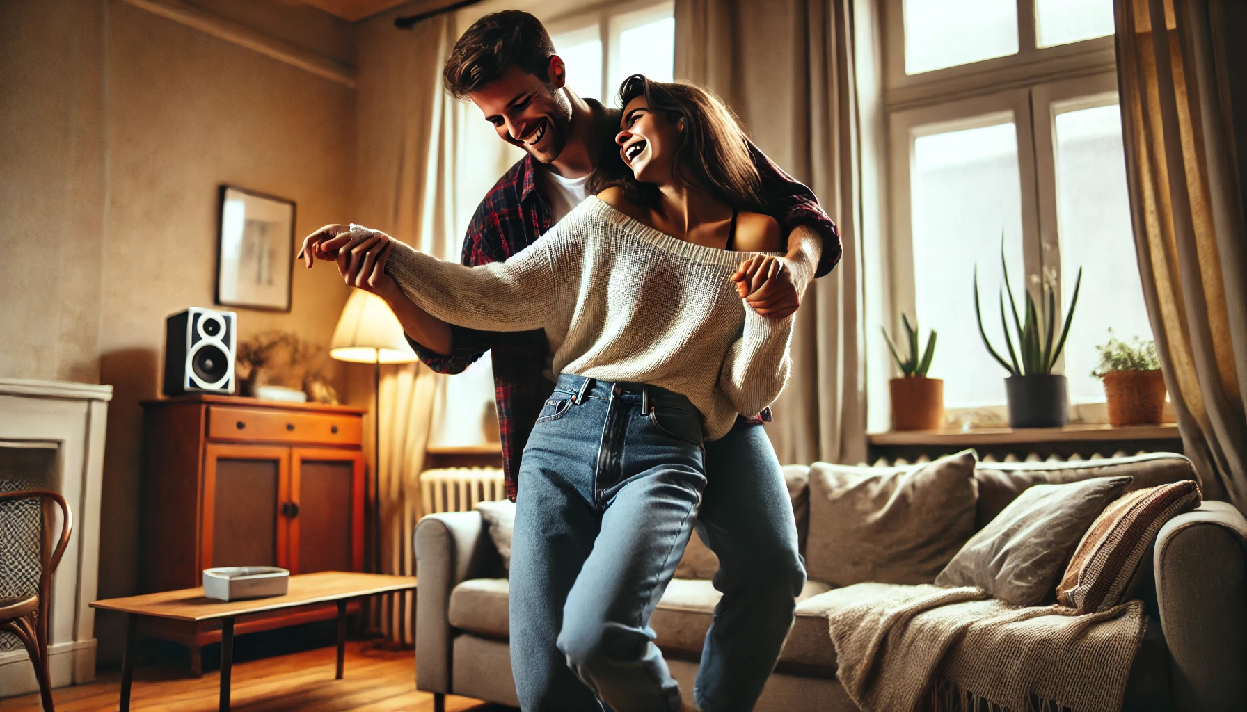 A cozy scene with a couple in a casual, intimate space, spontaneously dancing