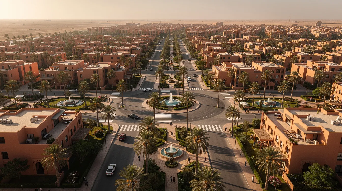 Barrio moderno de Marrakech con amplias avenidas y palmeras visto desde arriba.