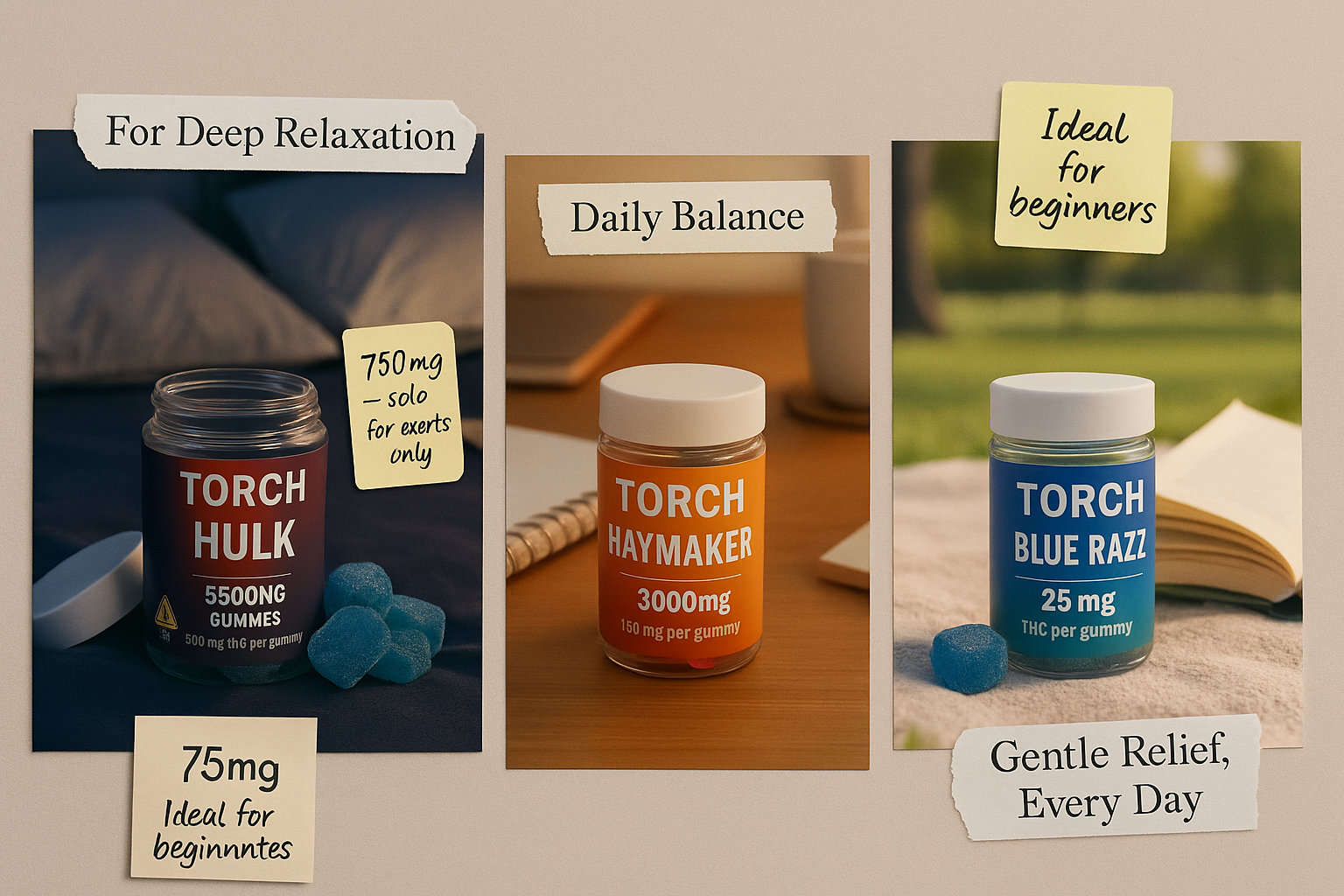 Visual moodboard featuring Torch Gummies bottles accompanied by backgrounds and phrases that reflect their potency levels and use for anxiety.