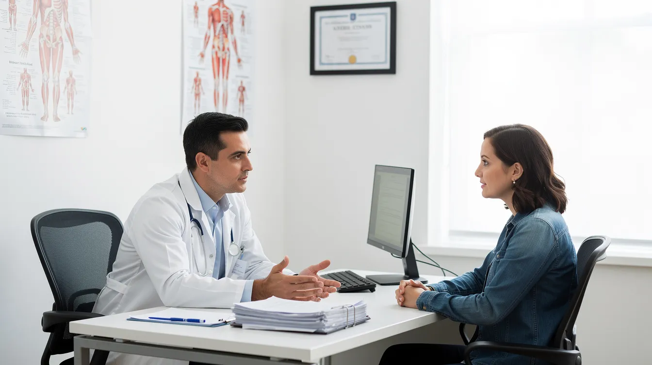 The image shows a medical professional in a clean clinical office discussing body contouring options with a patient across a desk. They are likely talking about procedures such as CoolSculpting and liposuction to address unwanted fat and achieve the desired outcome, while emphasizing the differences between these fat reduction methods.