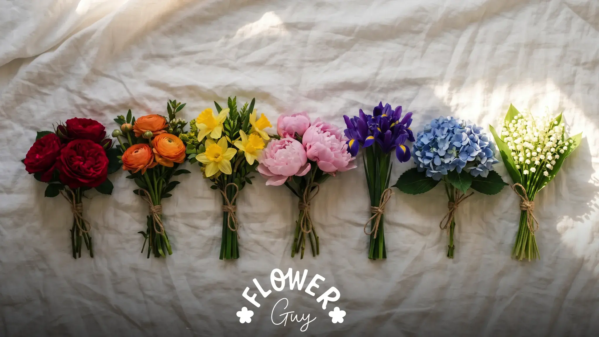 Seven small posies in a rainbow row at dawn showing red, orange, yellow, pink, purple, blue, and white flower colour meanings