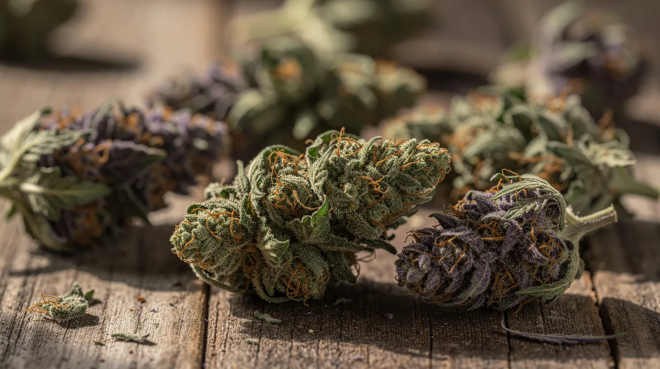 This close-up photograph showcases dried green and purple cannabis flower buds resting on a wooden surface, highlighting their rich colors and textures. The image reflects the legal status of cannabis in Massachusetts, where both medical marijuana and recreational cannabis are regulated under state law.