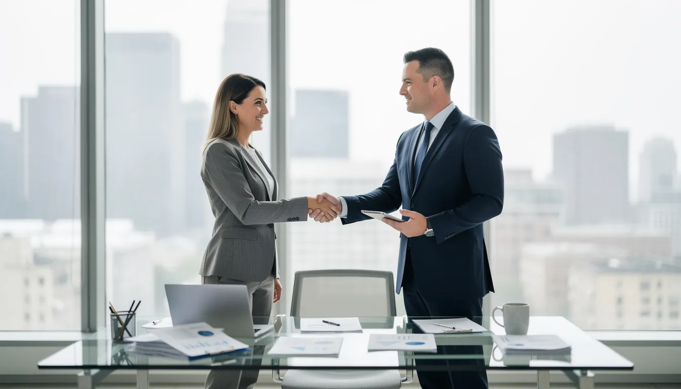 The image depicts a confident business owner shaking hands with a financial advisor in a sleek modern office, symbolizing a partnership to discuss retirement plans and investment strategies for retirement savings. The setting reflects professionalism and the importance of planning for a secure financial future.