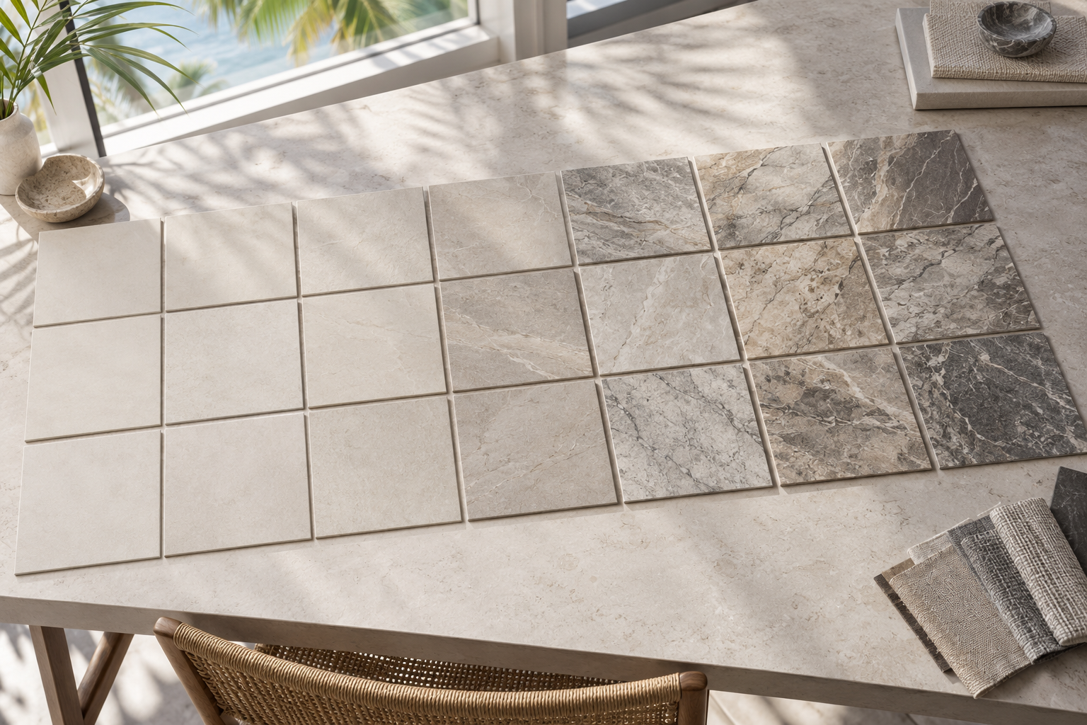 Stone-look tile samples arranged from light cream to dark gray to demonstrate tile shade and pattern variation.