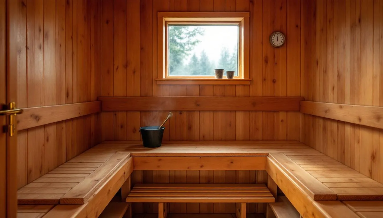 The image showcases various sauna features and accessories, highlighting both traditional and infrared saunas. It emphasizes the health benefits of sauna bathing, including improved circulation, stress reduction, and skin health, while also illustrating essential accessories like essential oils and steam options for a personalized spa experience.