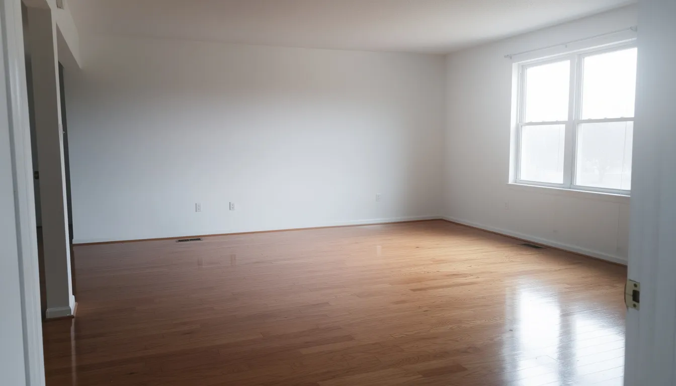 The image depicts a spacious, clean living room that has been cleared of bulky items and junk after a successful home cleanout. The area is free of furniture, appliances, and construction debris, showcasing a fresh space ready for new arrangements or curbside collection of any remaining bulk waste.